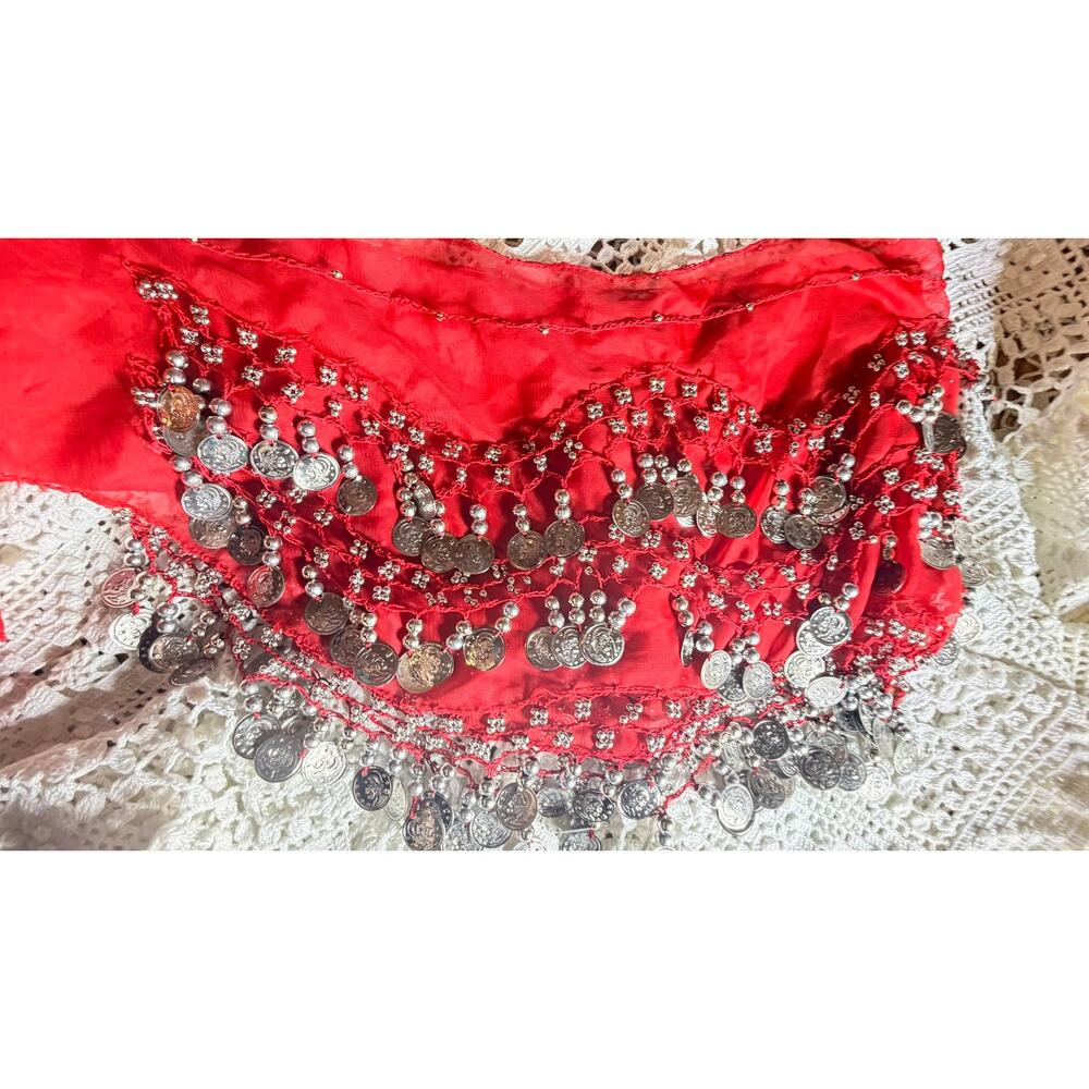 Red Belly Dance Hip Scarf Coin Wrap Sheer Chiffon Silver Tone Coins Used - Picture 11 of 16